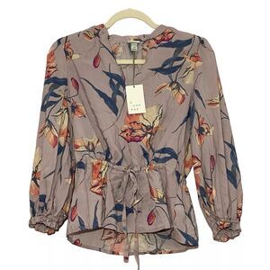 NWT - A NEW DAY Floral Bell Cuffed Sleeves Cinched Tie Waist Women's Top Blouse